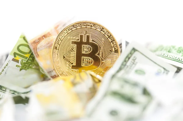 Tauschen Sie Bitcoin gegen einen Dollar. Hintergrund Finanzen. — Stockfoto