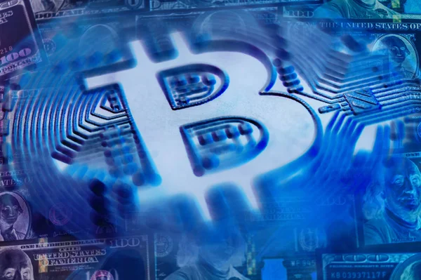 Exchange bitcoin voor een dollar. Financiën achtergrond. — Stockfoto
