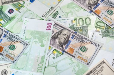 Dolar ve euro faturaları arka plan. Nakit parayı kapatın.