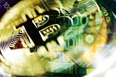 Ekonomi eğilimleri sanal dijital para ve finansal yatırım ticaret kavramı. Bitcoin cryptocurrency soyut Finans arka plan.