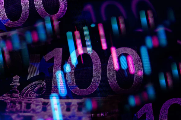 Double exposure Stock market display or forex trading graph and candlestick chart on Euro banknote.