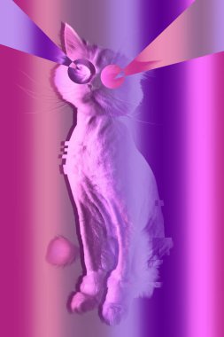 Pembe kedi. Retro dalga synth vaporwave portre komik bir kedi. Memphis tarzı posterler kavramı.