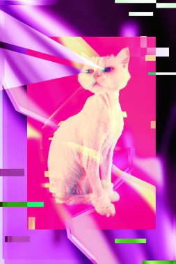 Pembe kedi. Retro dalga synth vaporwave portre komik bir kedi. Memphis tarzı posterler kavramı.