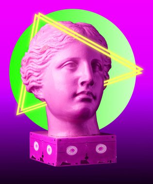 Antika baş, Vhs kaset vaporwave arka plan. Memphis synthwave tarzı posterler kavramı.