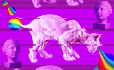 Pembe kedi ve antika baş heykel. Retro dalga synth vaporwavet. Memphis tarzı posterler kavramı.