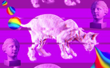 Pink cat and antique head sculpture. Retro wave synth vaporwavet. Concept of memphis style posters. clipart