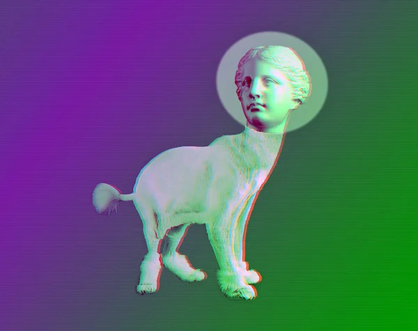 Gato rosa com escultura de cabeça antiga. Vaporwavet de sintetizador de ondas retrô. Conceito de cartazes estilo memphis . — Fotografia de Stock