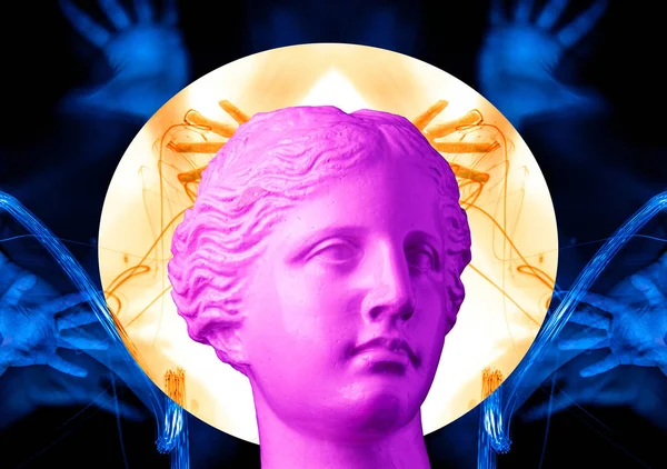 手でモダンなコンセプチュアル アートの背景に紫ピンク アンティーク バスト。現代美術のコラージュ. — ストック写真