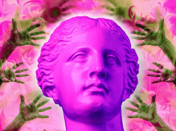 Purple pink antique bust on a modern conceptual art background with hands. Contemporary art collage. — Stock Photo, Image