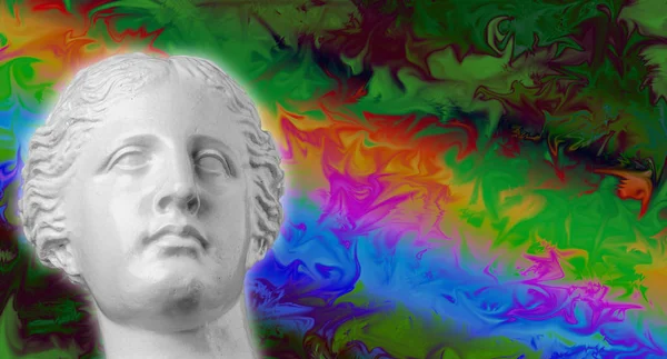 Gypsum head antique sculpture on a colorful retro vaporwave background. Contemporary art collage. — Stock Photo, Image