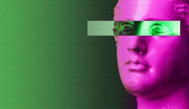 Retro vaporwave arka plan üzerinde mor pembe antik heykel. Çağdaş sanat kolaj.
