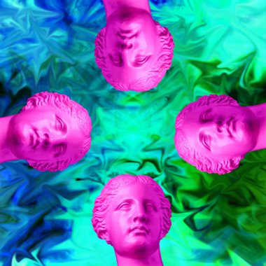 Dört mor pembe antika kafa yeşil mavi retro vaporwave arka plan üzerinde. Çağdaş sanat kolaj.