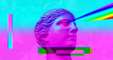 Retro vaporwave arka plan üzerinde mor pembe antik heykel. Çağdaş sanat kolaj.