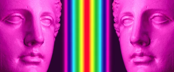 Two purple pink antique bust on a conceptual art background with rainbow . Contemporary art collage. — Stock Photo, Image