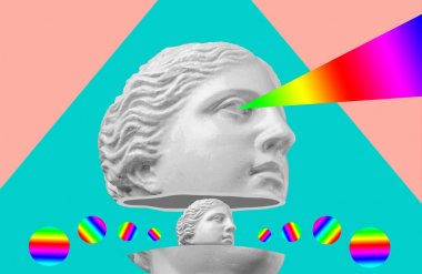 Alçı renkli retro vaporwave arka plan üzerinde kafa antik heykel. Çağdaş sanat kolaj.
