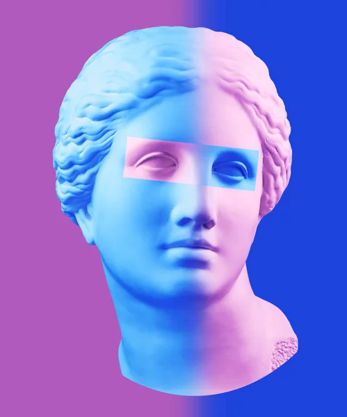 Mavi mor renkli antika Venüs büstü ile modern kavramsal sanat posteri. Çağdaş sanat kolajı. — Stok fotoğraf
