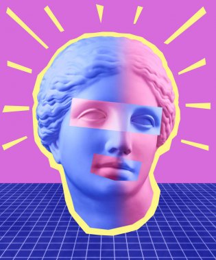 Mavi mor renkli antika Venüs büstü ile modern kavramsal sanat posteri. Çağdaş sanat kolajı.