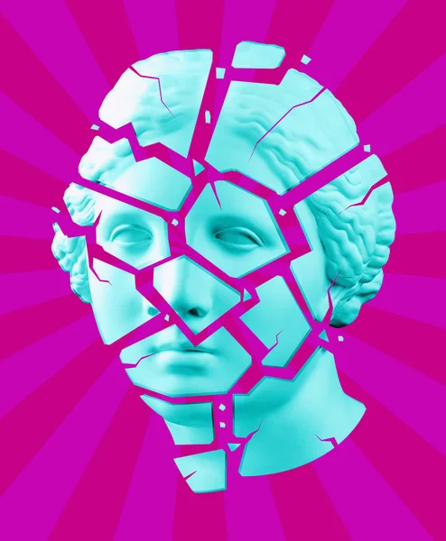 Modern conceptual art poster with blue purple broken antique Venus bust. Contemporary art collage.