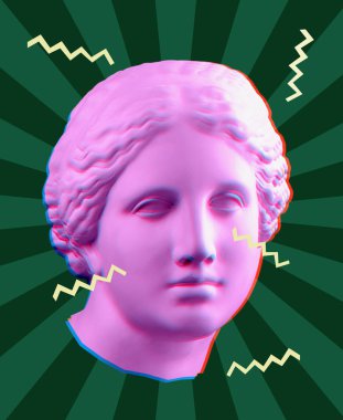 Yeşil pembe renkli antika Venüs büstü ile modern kavramsal sanat poster. Çağdaş sanat kolaj.