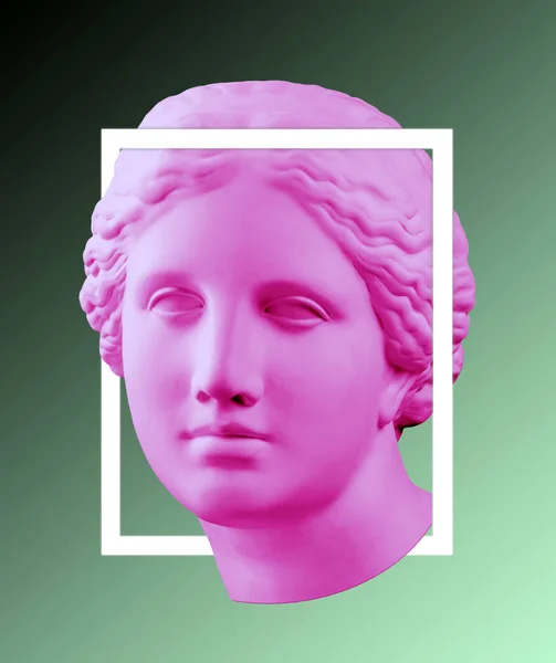 Modern conceptual art poster with green pink colorful antique Venus bust. Contemporary art collage.