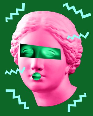 Yeşil pembe renkli antika Venüs büstü ile modern kavramsal sanat poster. Çağdaş sanat kolaj.