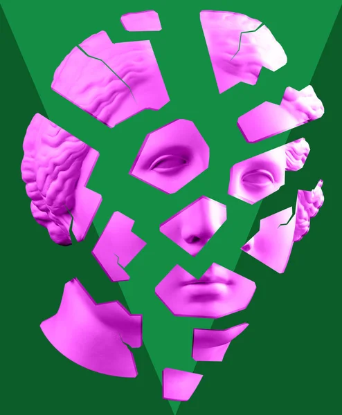 Modern conceptual art poster with green pink broken antique Venus bust. Contemporary art collage.