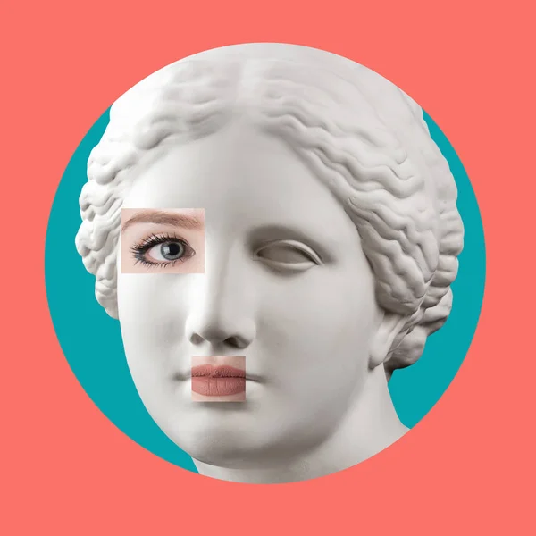 Contemporary art poster with ancient statue of Venus head and details of a living womans face. — Stock Photo, Image