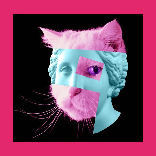 금성 머리의 고 대 동상과 살아있는 고양이 얼굴의 세부 사항 현대 미술 포스터. — 스톡 사진
