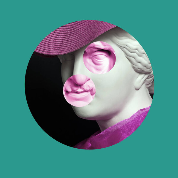 Contemporary art colorful poster with details of ancient statues busts Venus de Milo and Homer.