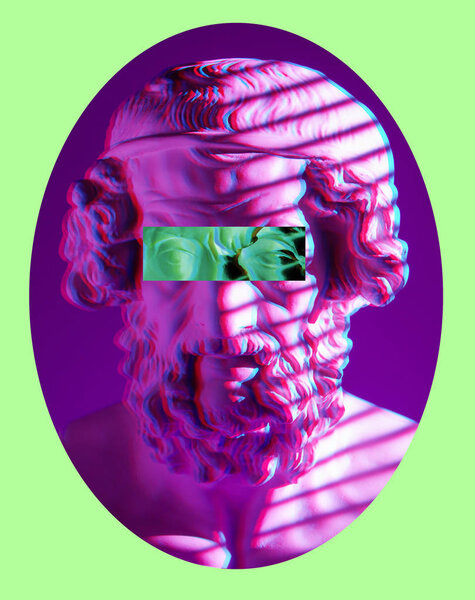 Contemporary art colorful poster with details of ancient statues bust Homer.