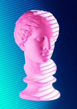Mavi pembe renkli antika Venüs büstü ile modern kavramsal sanat posteri. Çağdaş sanat kolajı.
