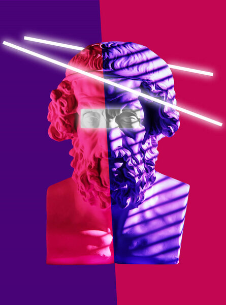 Contemporary art colorful poster with details of ancient statues bust Homer.