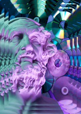 Homeros'un antik heykeli, parıltılı cd'lerin arka planına yakın. Müzik kavramı, stil, vintage.