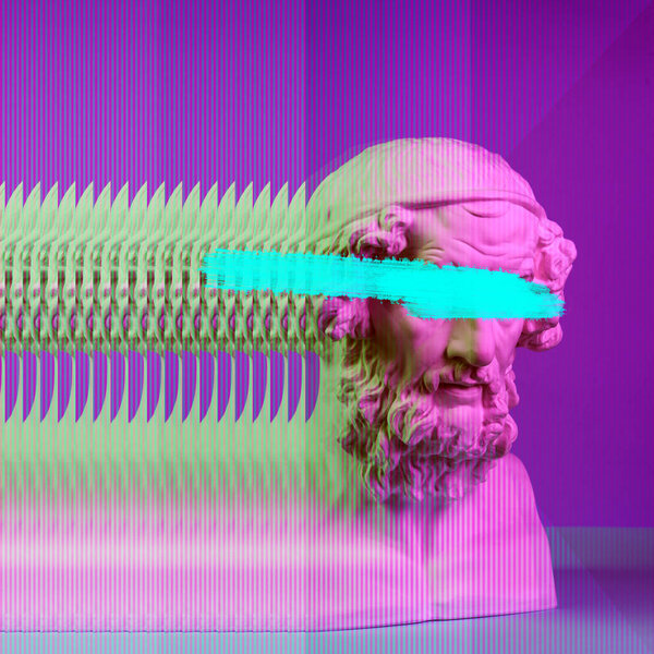 Contemporary art colorful poster with details of ancient statues bust Homer.