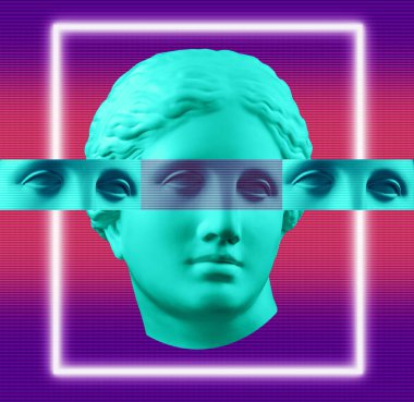 Modern kavramsal sanat Venüs de Milo baş antik heykeli ile yeşil mor renkli poster. Çağdaş sanat kolajı.