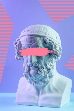Homeros'un eski büstü heykelinin yer verdiği modern kavramsal sanat afişi. Çağdaş sanat kolajı.