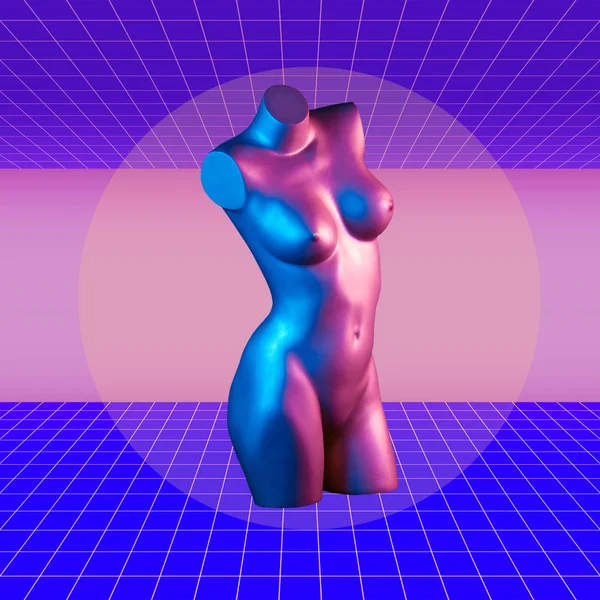 Modern conceptual art poster with purple blue colorful female torso mannequin. Contemporary art collage. — Stock Photo, Image