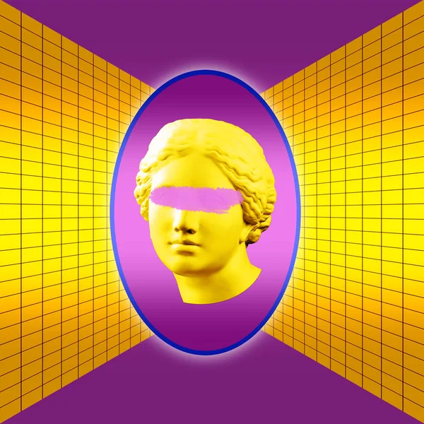 Nowoczesny plakat koncepcyjny z żółtym fioletowym kolorowym antycznym biust Wenus. Kolaż sztuki współczesnej. — Zdjęcie stockowe