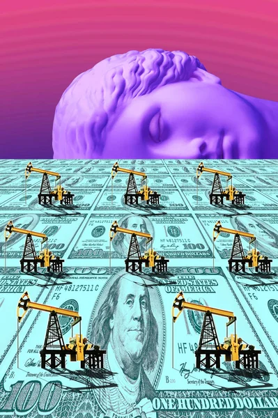 Surrealistisk konst med en antik staty av ett huvud, pump Jack på en dollar fältet. Samtidskonst collage. — Stockfoto