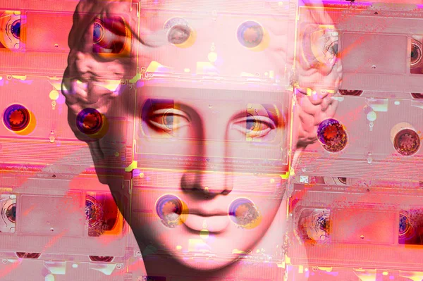 Modern conceptual art poster with face ancient statue and vhs cassete. Collage of contemporary art.