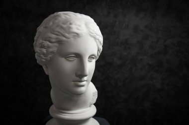 Gypsum copy of ancient statue Venus head on a dark textured background. Plaster sculpture woman face. clipart