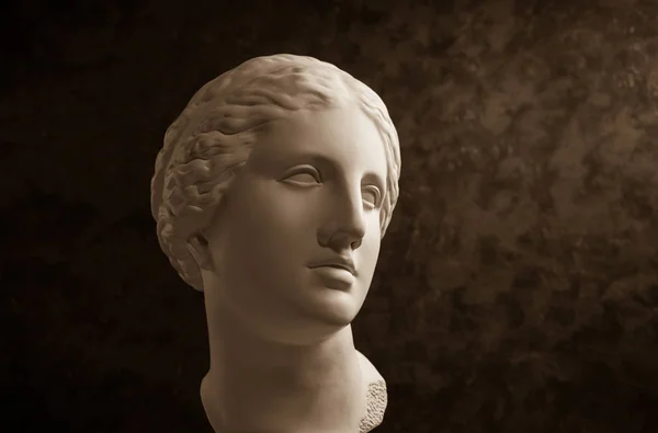 Gipsz másolatát ősi szobor Vénusz fejét egy sötét texturált háttér. Gipsz szobor nő arca. — Stock Fotó