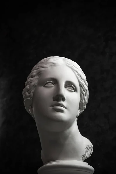 Sádrovský výtisk starověké sochy Venuše hlava na tmavém pozadí. Sádrovská ženská tvář. — Stock fotografie