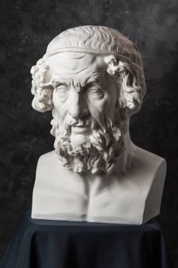 Antik heykelin alçıtaşı kopyası Homer 'ın başı koyu dokulu arka planda. Alçıdan heykel adam yüzü.