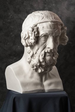 Antik heykelin alçıtaşı kopyası Homer 'ın başı koyu dokulu arka planda. Alçıdan heykel adam yüzü.