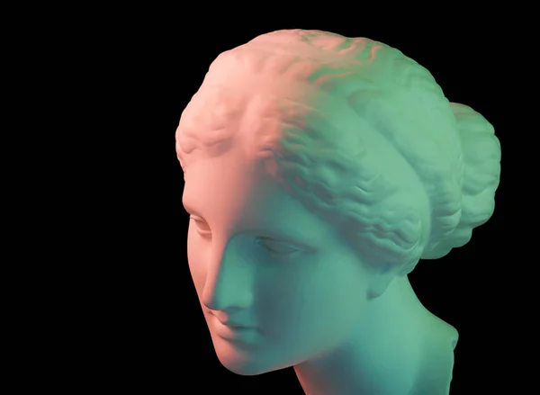 Gypsum copy of ancient statue Venus head isolated on a black background. Plaster sculpture woman face. Green toned. — Stock Photo, Image