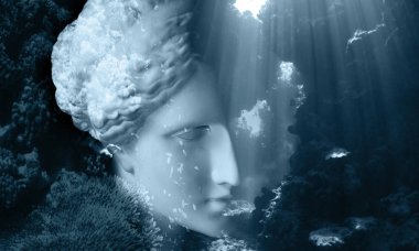 Face of ancient statue on a underwater background with corals and fish. Art, adventure, underwater archeology concept. clipart