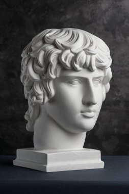 Koyu dokulu arka plan üzerinde antik heykel Antinous baş Alçı kopyası. Alçı heykel adam yüz.