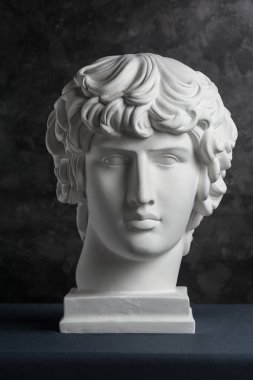 Koyu dokulu arka plan üzerinde antik heykel Antinous baş Alçı kopyası. Alçı heykel adam yüz.