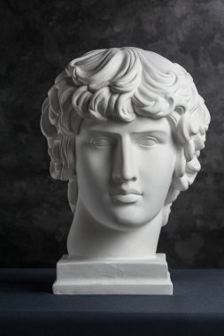 Gypsum copy of ancient statue Antinous head on dark textured background. Plaster sculpture man face. clipart